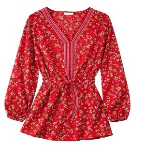 Max Studio Red Floral Wrap Top petite Boho Tie Waist Blouse Long Sleeve